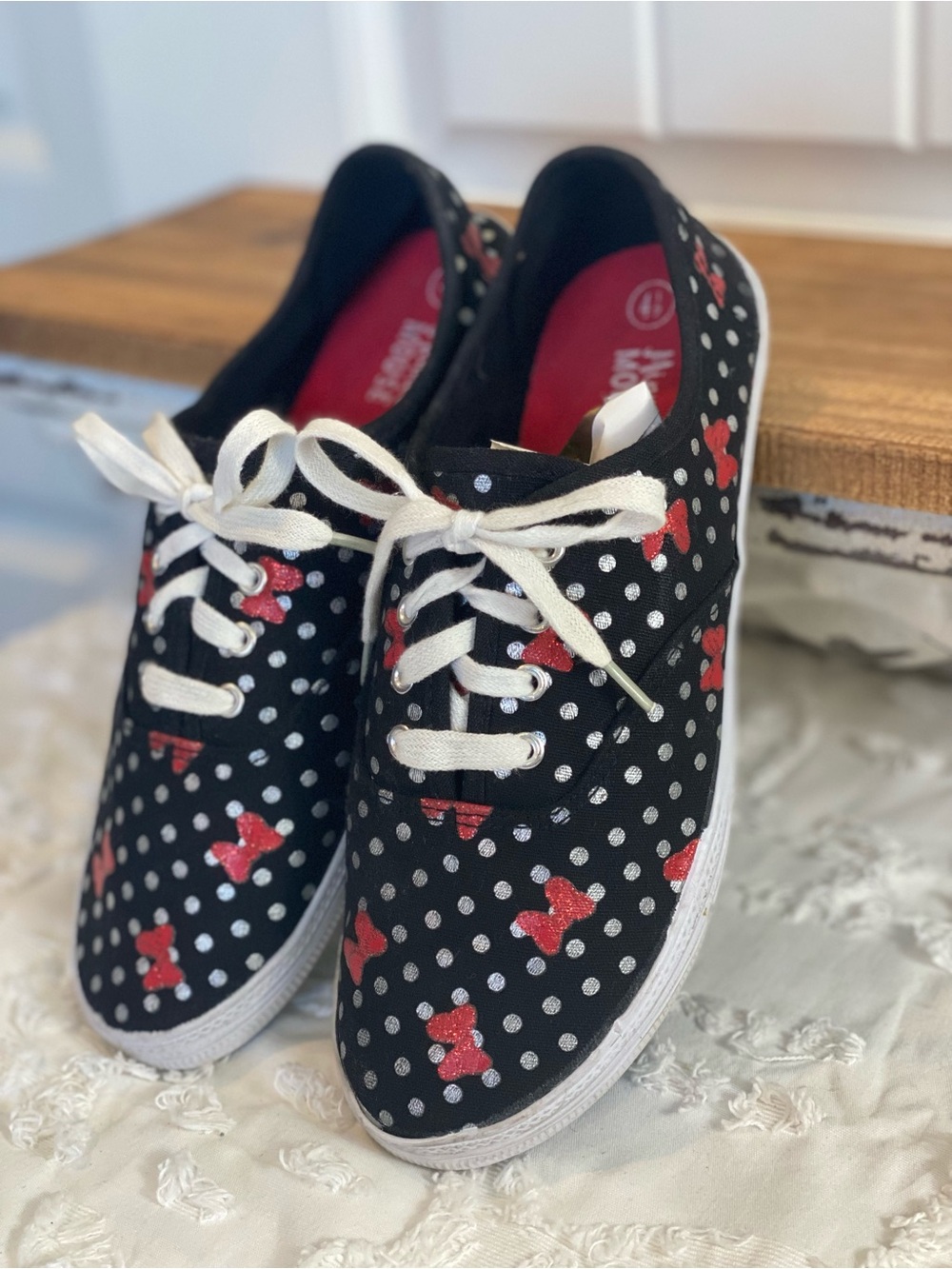 Black Polka Dot Sneakers with Red Bow Accents